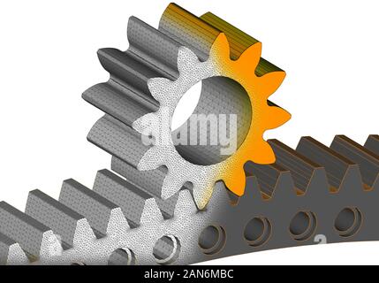 Engrenage et roue dentée solide 3D Éléments finis maillage dans fond blanc Banque D'Images