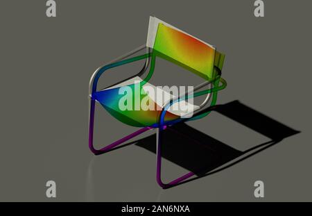 Chaise de patio un rendu 3D, son maillage et indicatif de la déflexion de la cartographie et l'analyse par éléments finis des déformations sur fond gris Banque D'Images