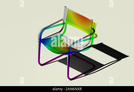 Chaise de patio un rendu 3D, son maillage et indicatif de la cartographie et de la déflexion de l'analyse par éléments finis des déformations sur fond blanc Banque D'Images