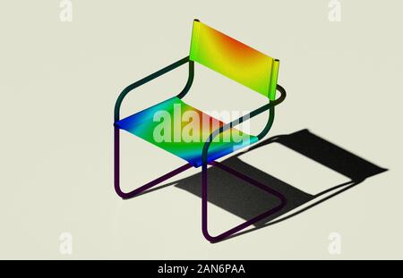 Chaise de patio un rendu 3D, son maillage et déviation de cartographie indicative analyse par éléments finis sur fond blanc Banque D'Images