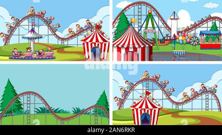Quatre scènes avec de nombreux manèges dans l'illustration de la foire Illustration de Vecteur