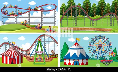 Quatre scènes avec de nombreux manèges dans l'illustration de la foire Illustration de Vecteur
