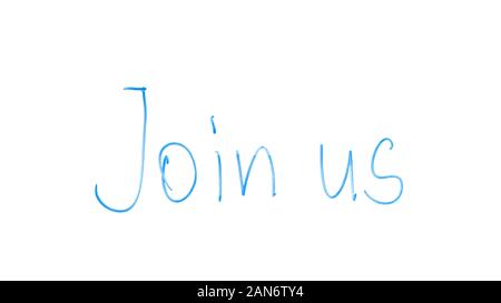 Rejoignez-nous une phrase écrite sur invitation de verre pour la coopération ou problème discussion Banque D'Images