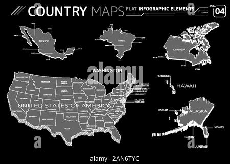 Le Mexique, Brésil, Canada, États-Unis d'Amérique, Alaska, Hawaï et les cartes vectorielles Illustration de Vecteur
