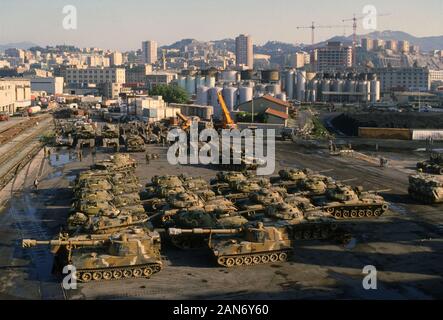 Gênes (Italie), septembre 1986, débarquement de la 30e Division de la Garde nationale des Etats-Unis à participer aux exercices de l'OTAN en Europe Banque D'Images