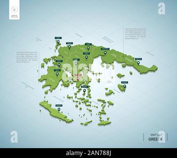 Stylized map of Greece. Isometric 3D green map with cities, borders, capital Athens, regions. Vector illustration. Editable layers clearly labeled. En Illustration de Vecteur