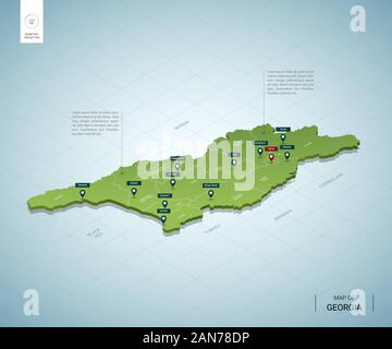 Carte stylisée de la Géorgie. 3D isométrique carte verte avec des villes, des frontières, capitale Tbilissi, les régions. Vector illustration. Couches modifiables clairement étiquetés. Illustration de Vecteur