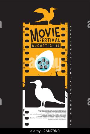 Festival de l'affiche de film idée créative avec bande de film et les oiseaux graphiques. Vecteur de l'art pour l'industrie du divertissement. Cinema flyer. Illustration de Vecteur