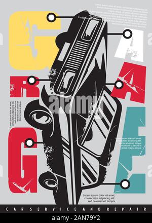 Typographie conceptuel garage voiture avec design graphique. Réparation de pièces automobiles et de modèle d'affiche artistique. Transport vecteur bannière flyer décoration. Illustration de Vecteur