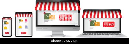 Magasinage en ligne sur téléphone mobile, Tablet PC, le moniteur de l'ordinateur et l'écran du portable. E-Commerce et Marketing Digital Concept Vector Illustration. Illustration de Vecteur