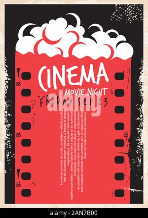 Affiche de film de cinéma avec bande de film et pop corn. Soirée cinéma de modèle. Ad concept cinéma rétro sur fond texturé vieux papier. Vintage vector Illustration de Vecteur