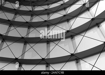 Photo en noir et blanc d'un bâtiment à revêtement en verre construit avec des fils Banque D'Images