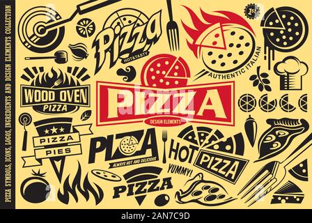 Symboles Pizza, logos, emblèmes, signes, icônes, des ingrédients et des éléments design collection. Vector illustration alimentaire. Illustration de Vecteur