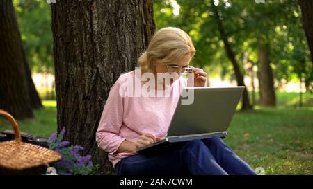 Senior lady attentif assis dans un parc avec un ordinateur portable et de travail en ligne, offres de Banque D'Images