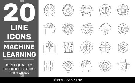 Jeu de l'IA, l'ITO et l'analyse des données des technologies connexes ligne vectorielle d'icônes. Contient des icônes telles que des graphiques, Cyborg, analyse de trafic, le Big Data et plus Illustration de Vecteur