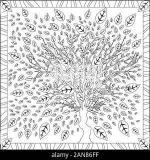 L'illustration de la page de coloriage en format carré pour les adultes, avec des feuilles d'arbres, Feuillage Design - Noir et Blanc Illustration de Vecteur