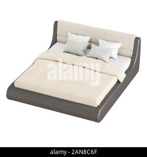 Un grand soft brown-beige lit double avec oreillers et une couverture sur fond blanc. Le rendu 3D Banque D'Images