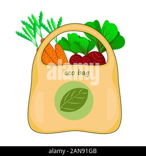 Eco sac avec légumes frais isolé sur fond blanc. Panier avec logo de recyclage. Zéro déchets. Dire non au sac en plastique. Shopping sans gaspillage.Vector Illustration de Vecteur