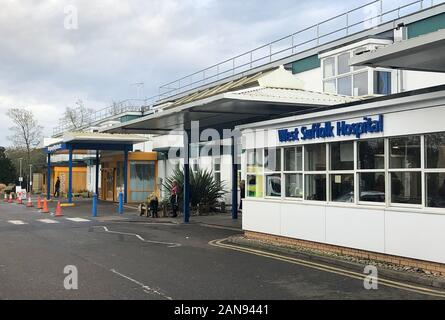 Vue générale de l'hôpital West Suffolk à Bury St Edmunds, où Susan Warby, 57, est mort le 30 août 2018 après une série de complications dans son traitement. Banque D'Images