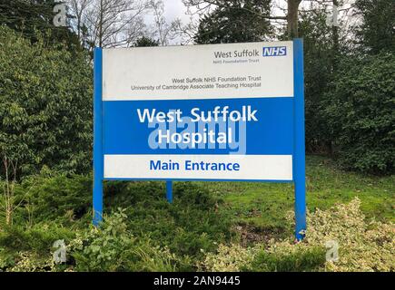 Vue générale de l'hôpital West Suffolk à Bury St Edmunds, où Susan Warby, 57, est mort le 30 août 2018 après une série de complications dans son traitement. Banque D'Images