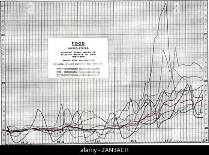 Temps de guerre l'évolution du coût de la vie .. . 913 et 100 est pris comme periodsare au prix d'autres exprimées par rapport à cette moyenne. Le prix des pommes de terre a chuté considérablement en 1915par rapport à 1914, et la plupart des autres prix tomba quelques-quoi, mais le prix moyen de sucre, de farine et de maïs plus mealwere. En 1916 tous les articles ont montré une upwardmovement d'une certaine dynamique, qui s'est poursuivi en thenext année. En effet, alors que le taux d'augmentation jusqu'à juin,1918, variait pour les différents articles, aucun dans la liste savepotatoes ont montré un prix inférieur qu'il portait en 1916. Il semble que l'une des plus Banque D'Images