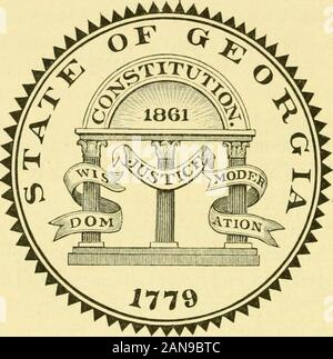 L'histoire de l'étudiant d'GeorgiaFrom les premières découvertes et établissements humains à la fin de l'année 1883adapté pour la lecture et l'utilisation d'écoles . g mesure a été l'adoption du Grand sceau de l'État qui a été le sujet de discussion / pendant un certain temps. Le joint suivant a été adopté : un disque circulaire de plusieurs pouces de diamètre ; d'un côté une vue sur la mer, avec un navire portant le pavillon des États-Unis à l'ancre près d'un quai de réception à bord hogsheads de tabac et de balles de coton, emblématique de l'exportation de l'État ; à peu de distance d'un bateau Banque D'Images