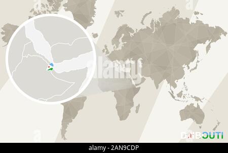 Zoom sur la carte et le drapeau de Djibouti. Carte du monde. Illustration de Vecteur