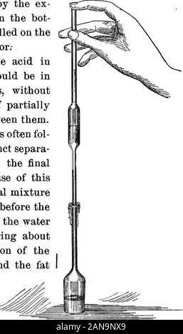 Tester le lait et ses produits ; un manuel pour les étudiants, les exploitants d'usine et de fabrique du fromage, de l'alimentation des chimistes, et les producteurs laitiers . Ses produits. cou donc effacée de l'adhésion du lait. En versant de l'theacid dans le milieu de la bouteille d'essai, il y a danger d'alsoa remplissant complètement ce à l'acide, dans whichcase le bouchon d'acide formée sera poussée plus theedge du cou par l'ex-pansion de l'air dans le bot-tle, et peut être renversé sur du de l'opérateur.- Le lait et le test de l'acide dans la bouteille doit être dans deux couches distinctes, withouta partiallymixed partie noire du liquide entre Banque D'Images