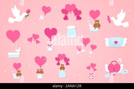 Éléments de la Saint-Valentin, coeurs, pigeons, ours en peluche, etc. Vector illustration sur fond rose Illustration de Vecteur