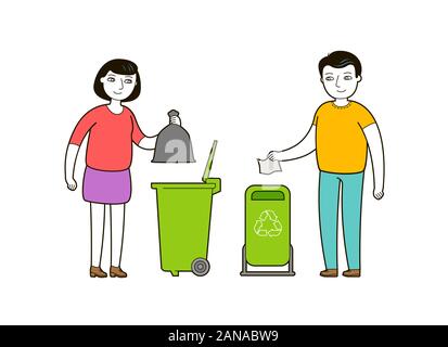 Les gens jettent les déchets dans un conteneur à ordures. Vecteur de dessin animé de recyclage des déchets Illustration de Vecteur