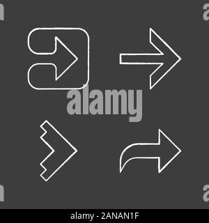 Types d'icônes flèche craie ensemble. De l'avant, droite, courbe, flèches géométrique. Carré en flèche indiquant la droite. Témoin de mouvement. Flèche Suivant. Isoler Illustration de Vecteur