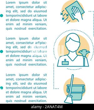 Services de nettoyage de la page de l'article modèle de scénario. Aide à la personne. Brochure, magazine, brochure de l'élément de conception linéaire avec des icônes et des zones de texte. Imprimer des Illustration de Vecteur