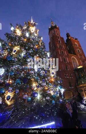 Cracovie. Cracovie. La Pologne. Arbre de Noël illuminé en face de la basilique Sainte-Marie. Place du Marché (place principale, de la vieille ville. Banque D'Images