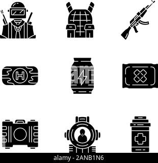 Jeu en ligne glyph inventaire icons set. Loisirs, cybersports. Soldat, armure, arme. Trousse de premiers soins, energy drink, pansement, painkiller, aim. Silho Illustration de Vecteur