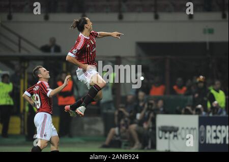 Italie Milan, 28 septembre 2011," G.MEAZZA SAN SIRO -' Stadium, Ligue des champions 2011/2012 , AC Milan - FC Viktoria Plzen : Zlatan Ibrahimovic tirer le coup de pied de pénalité et célèbre après l'objectif Banque D'Images