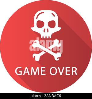 Game Over design plat long shadow icône glyphe. Niveau de jeu vidéo virtuel fini, l'échec. Crâne avec mort. Loisirs, cybersports signe. Ordinateur gam Illustration de Vecteur