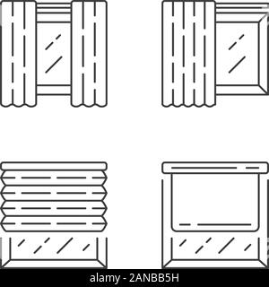 Des rideaux et tentures icons set linéaire. Paire de panneau, pistes, stores plissés, stores à rouleaux. Accueil boutique. Fine ligne contour des symboles. Isoler Illustration de Vecteur