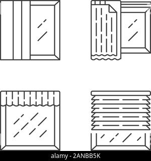 Traitements de fenêtre icônes linéaire définie. Rideaux, liner, cantonnière. Cuisine, salon Rideau. Accueil l'aménagement intérieur. Fine ligne contour des symboles. Isola Illustration de Vecteur