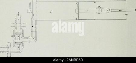 Le Journal de la médecine clinique et de laboratoire pour l'insufflation ..petit arbre s'étend suffisamment pour la fixation d'une manivelle à fente en laiton, à qui un joint de l'arbre de piston. Fig. 2 montre une vue de face les poulies avec cintres et fendez-manivelle. . Slit-Crank^-manivelle est 6/4 pouces de long, 34 de large et je-* &gt ;^" d'épaisseur, avec un slitin le milieu, s'étendant sur toute la longueur de la manivelle, à l'exception de l'extrémité fermée. Shiftingthe l'arbre de piston de haut en bas la fente fournit pour presque n'importe quel changement souhaité dans ofrespiration volume, allant de 240 à 1 250 c.c. c.c. dans notre pompe standard. . Se Banque D'Images