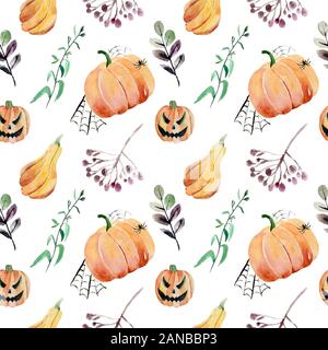 Modèle logique pour l'Halloween. Citrouille, fantôme, bat, bonbons, et d'autres articles sur le thème de l'Halloween. Cartoon Halloween pour motif lumineux Banque D'Images