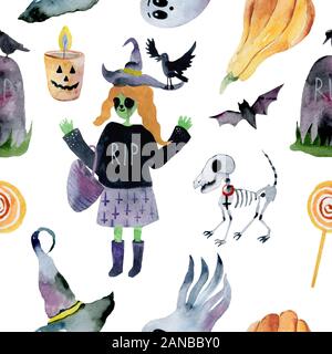 Modèle logique pour l'Halloween. Citrouille, fantôme, bat, bonbons, et d'autres articles sur le thème de l'Halloween. Cartoon Halloween pour motif lumineux Banque D'Images