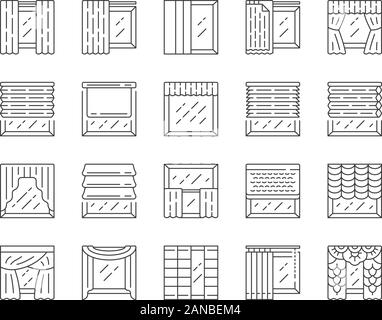 Traitements de fenêtre et les rideaux icons set linéaire. Stores, stores, volets roulants, panneau, Valence. Accueil boutique. Fine ligne contour des symboles. Isolé Illustration de Vecteur