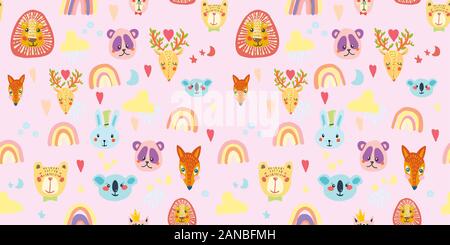 Modèle sans couture avec arc-en-ciel, des animaux, des nuages et des étoiles de couleurs pastel Illustration de Vecteur