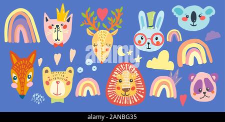 Visages d'adorables animaux. Vector cartoon illustrations Illustration de Vecteur
