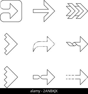 Flèches droite icons set linéaire. Panneaux, en pointillé, tordus, suivant les flèches vers l'avant. Pointeur. Triangle indiquant la droite. Fine ligne contour des symboles. Isola Illustration de Vecteur