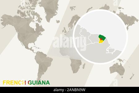 Zoom sur la Guyane La carte et drapeau. Carte du monde. Illustration de Vecteur