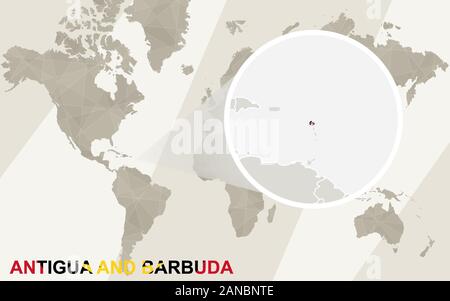 Zoom sur Antigua-et-Barbuda la carte et drapeau. Carte du monde. Illustration de Vecteur