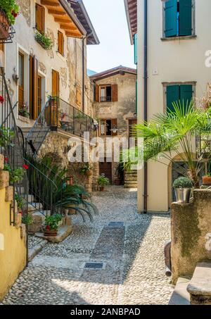 Vue idyllique à Cassone di Malcesine, beau village sur le lac de Garde. La Vénétie, province de Vérone, en Italie. Banque D'Images