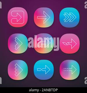 Flèches droite app icons set. De l'avant, courbe, tordu, en pointillé, suivant les flèches vers l'avant. Triangle indiquant la droite. UI/UX interface utilisateur. Site Web ou mobile Illustration de Vecteur