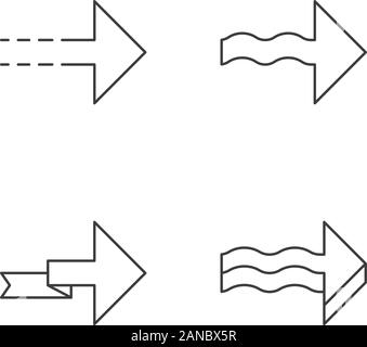 Flèches vers l'ensemble des icônes linéaire. Points, ondulé, pliage, près de l'avant, les flèches. Flèche indiquant. Signe de navigation. Fine ligne contour des symboles. Isolat Illustration de Vecteur